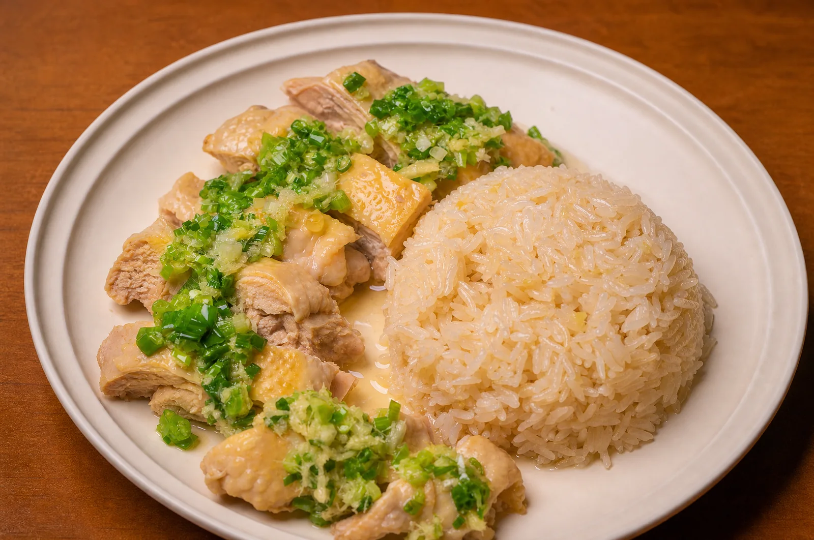 A plated serving of chicken, fragrant rice, and ginger-scallion sauce